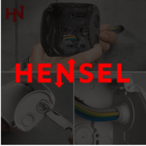 Logo de Hensel avec des boîtes de succursales derrière le logo.