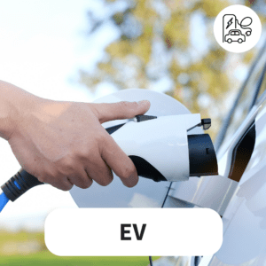 Afbeelding van een laadkabel die wordt aangesloten op de elektrische auto met de tekst 'ev' 